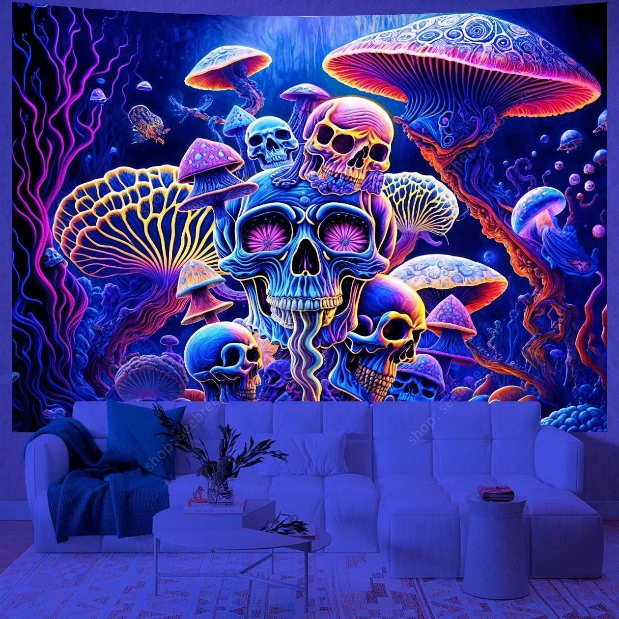 Psychedelic Skull UV Reactive Tapestry Hippie Skeleton Tapestry Wall Hanging Gothic Home Decor Room Decor Witchcraft Supplies - Image 9