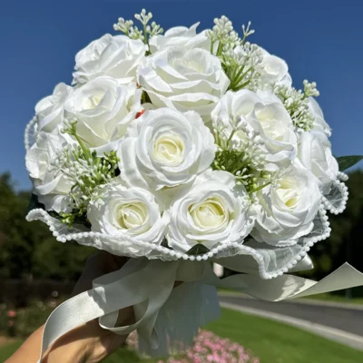 1PC Artificial Flower Cascading Bridal Bouquet for Wedding Ceremony Anniversary, Pearl Trimmed Bow Bouquet, Artificial Flowers