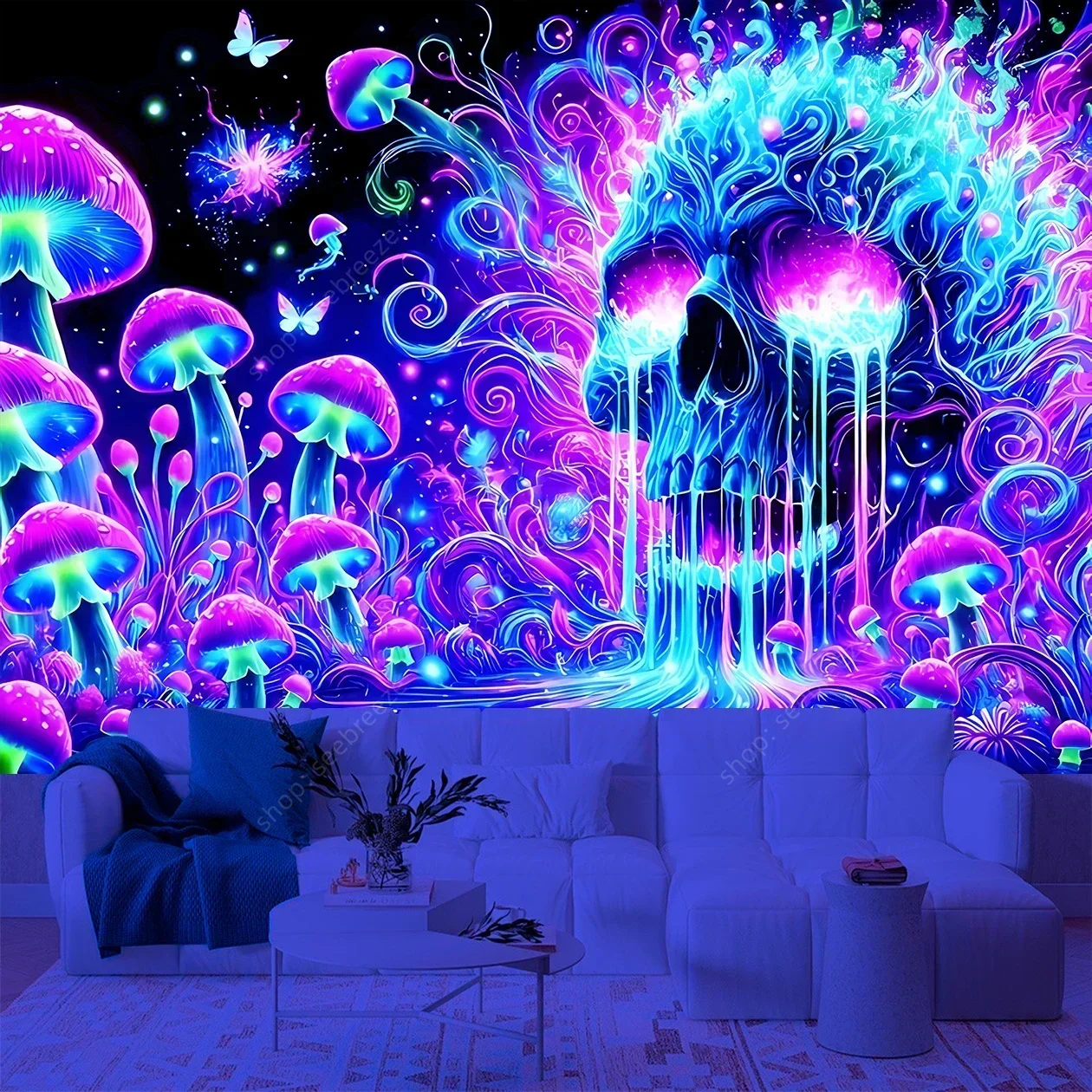 Psychedelic Skull UV Reactive Tapestry Hippie Skeleton Tapestry Wall Hanging Gothic Home Decor Room Decor Witchcraft Supplies - Image 6