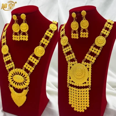Bridal Indian Necklace Sets 24K Gold Plated Long Pendant For Women Nigeria African Dubai Wedding Earring Jewelry Set Party Gift