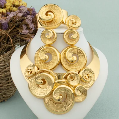 Dubai Big Jewelry Set Design for Women Wedding Bride Necklace Brazili Gold Plated Collor Earrings Bracelet Ring for Party Gift