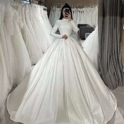Elegant Satin Muslim Wedding Dresses Modest Long Sleeves Brides Dress High Neck Princess Chic Bridal Gown Customized