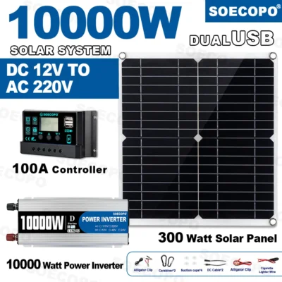 10000W Solar Power Complete Kit 12V To 220V Inverter100A Controller 300W Panel System for Home/RV/Camping  Full House Generator