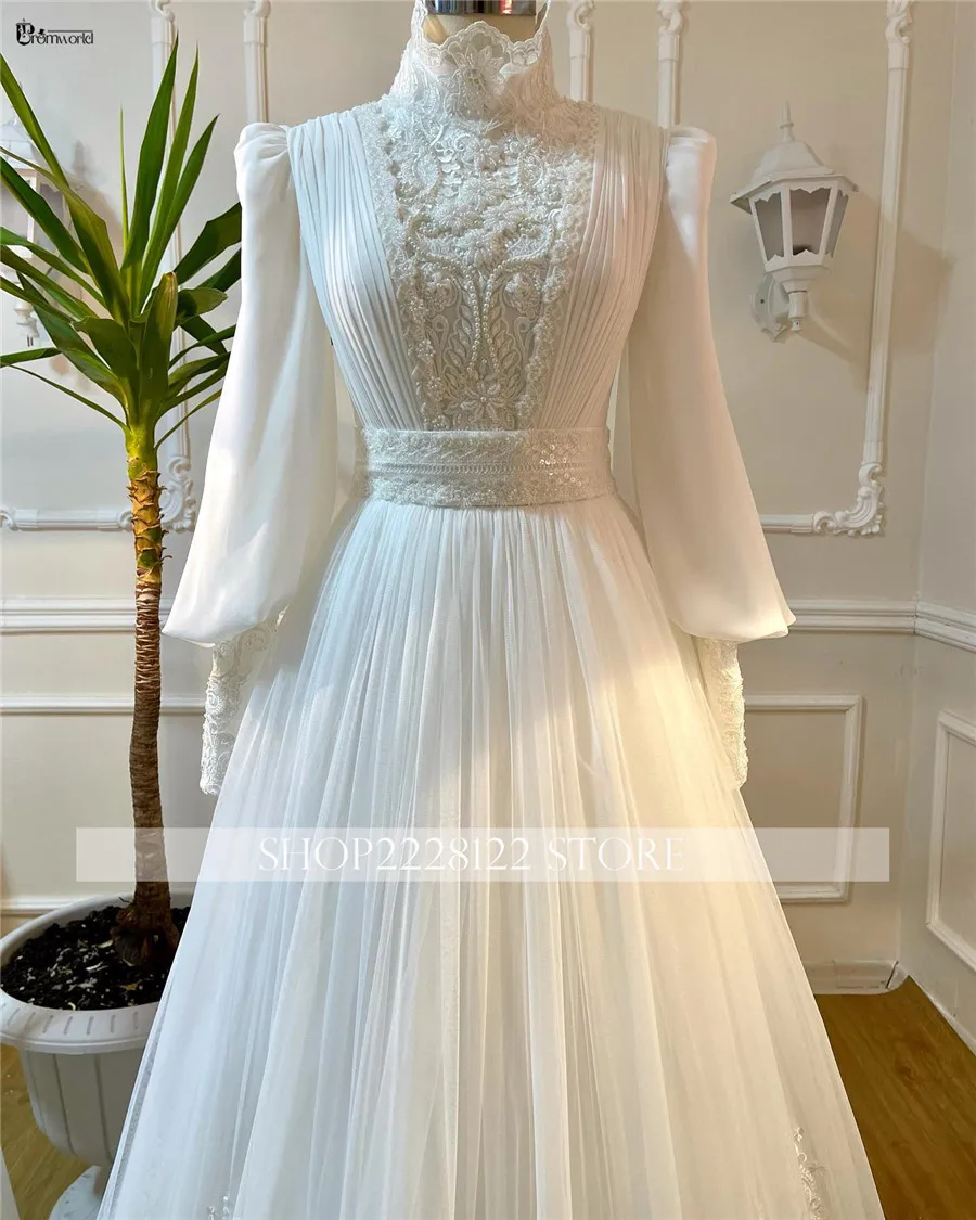 Muslim High Neck Dubai Wedding Luxury Gowns A-Line Tulle Lace Beaded Long Sleeve Bride Dress Arabic Robe De Mariée - Image 5