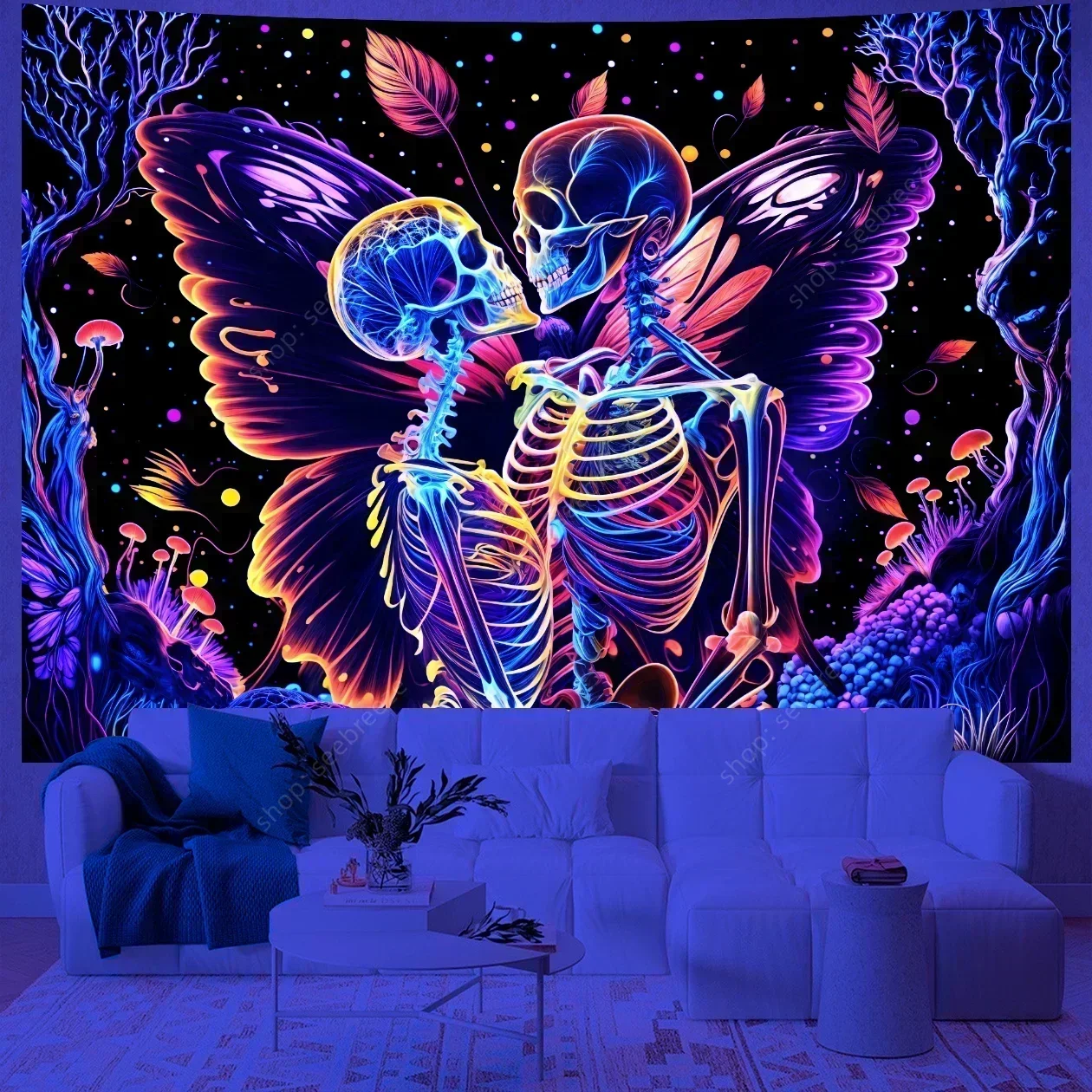 Psychedelic Skull UV Reactive Tapestry Hippie Skeleton Tapestry Wall Hanging Gothic Home Decor Room Decor Witchcraft Supplies - Image 22