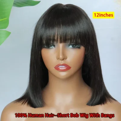 Short Straight Bob Lace Wig With Bangs Human Hair Vietnamese Raw Hair Realistic Lace Scalp Fringe Middle Part Bob Lace Wigs #1B