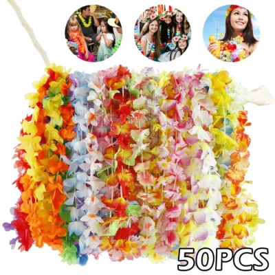 50Pcs Hawaiian Flower Wreath Garland Necklace Fancy Dress Decor Hawaii Beach Party Artificial Flowers DIY Luau Party Supplies