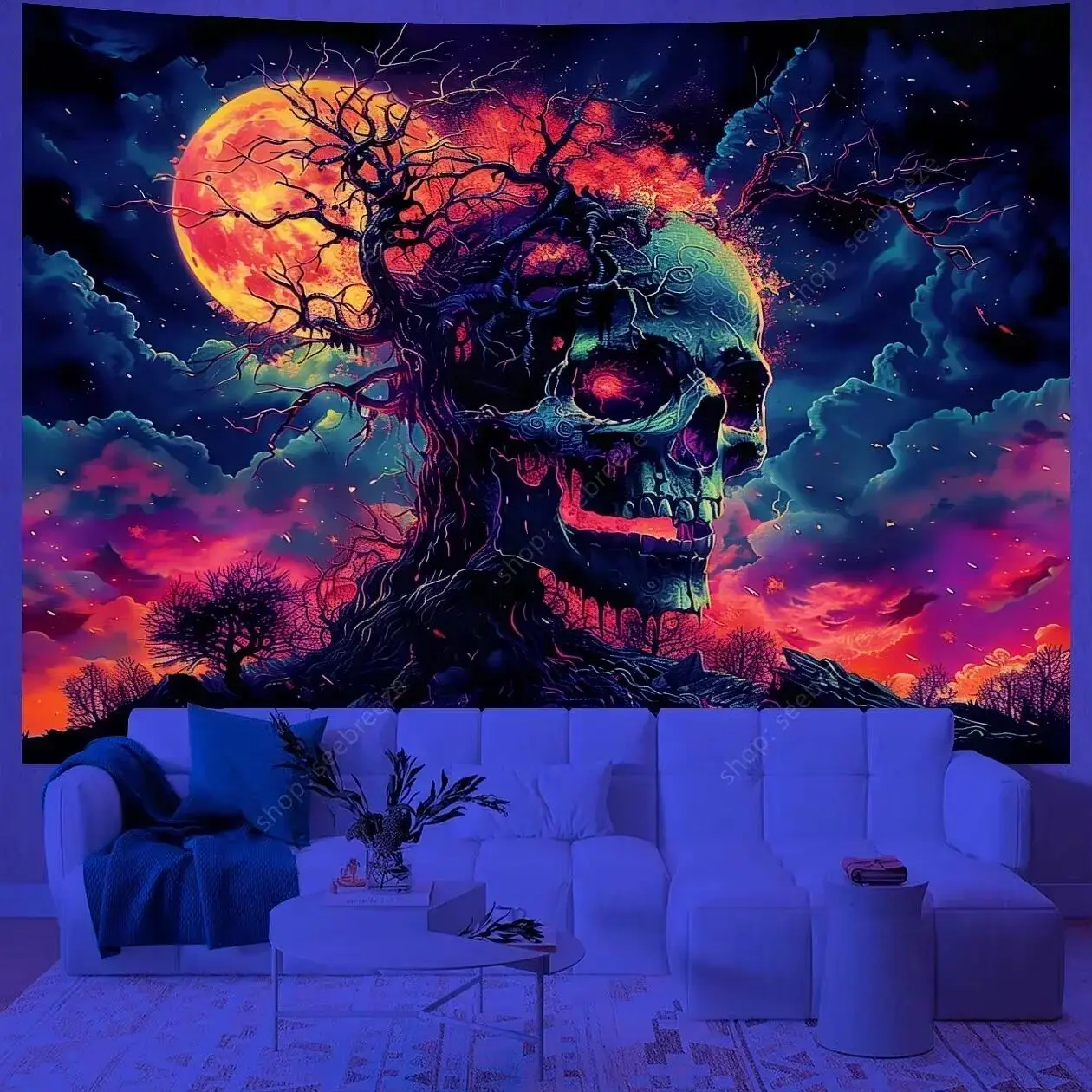 Psychedelic Skull UV Reactive Tapestry Hippie Skeleton Tapestry Wall Hanging Gothic Home Decor Room Decor Witchcraft Supplies - Image 5