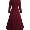 2024 Women Fall Winter Dresses Cinched Flounce High Low Knit Dress Mock Button Solid Color Long Sleeve Midi Knitted Dress - Image 5