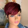 Dark Red Pixie Cut Wig 1B/99J Human Hair Short Bob Wig With Bang Brazilian None Lace Wigs For Women Full Machine Human Hair Wig - Image 4