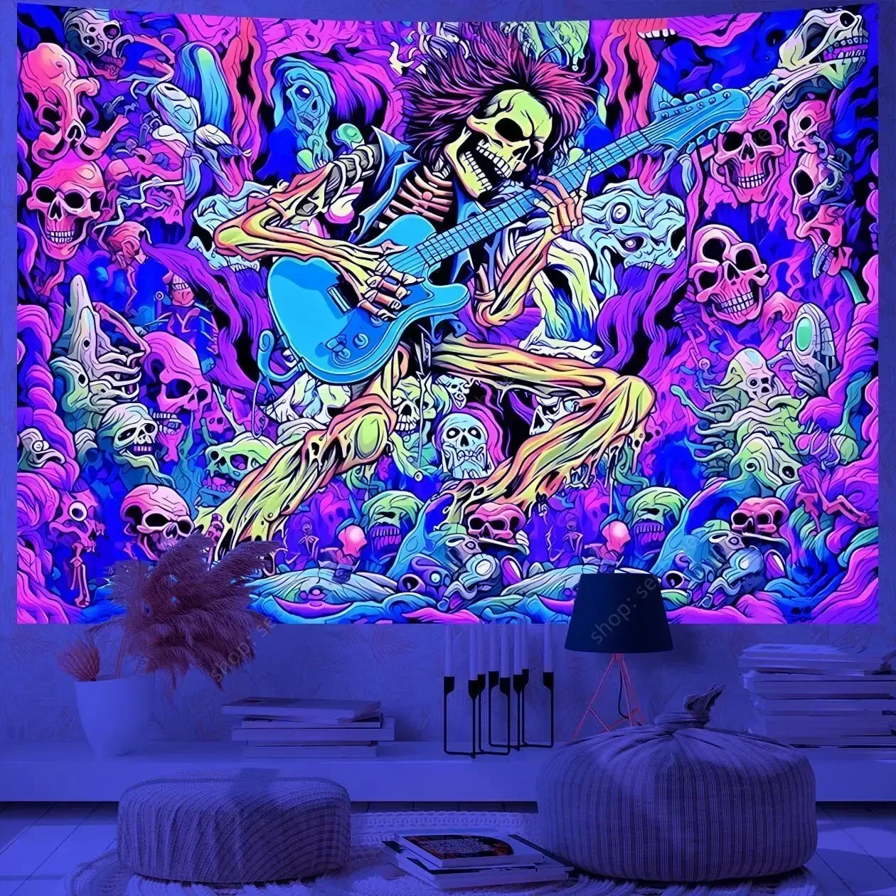 Psychedelic Skull UV Reactive Tapestry Hippie Skeleton Tapestry Wall Hanging Gothic Home Decor Room Decor Witchcraft Supplies - Image 16