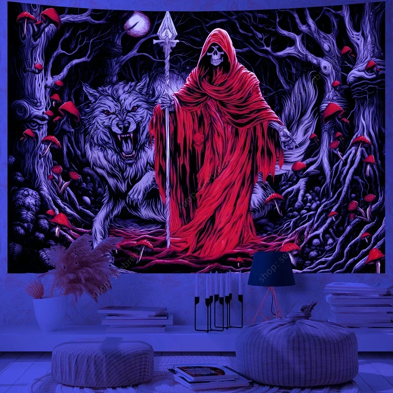 Psychedelic Skull UV Reactive Tapestry Hippie Skeleton Tapestry Wall Hanging Gothic Home Decor Room Decor Witchcraft Supplies - Image 7