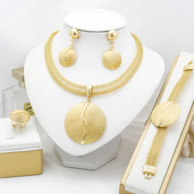 Dubai Luxury Jewelry Set Woman 18K Gold Plated Necklace Bracelet Ring Earrings Party Wedding Classic Daily Wear Party Gift