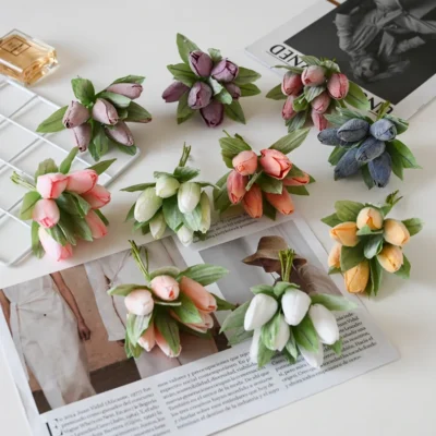 6Pcs Silk Tulip Bouquet Powder Vase for Home Party Festive Decoration Diy Wedding Decorative Wreath Christmas Artificial Flowers
