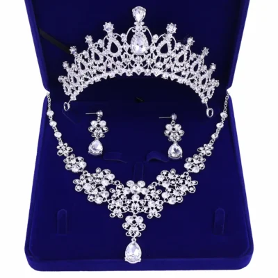3Pcs Crystal Rhinestone Bridal Jewelry Set - Crystal Crown Necklace Earring Tiara Wedding Hair Accessories for Brides Gift Set