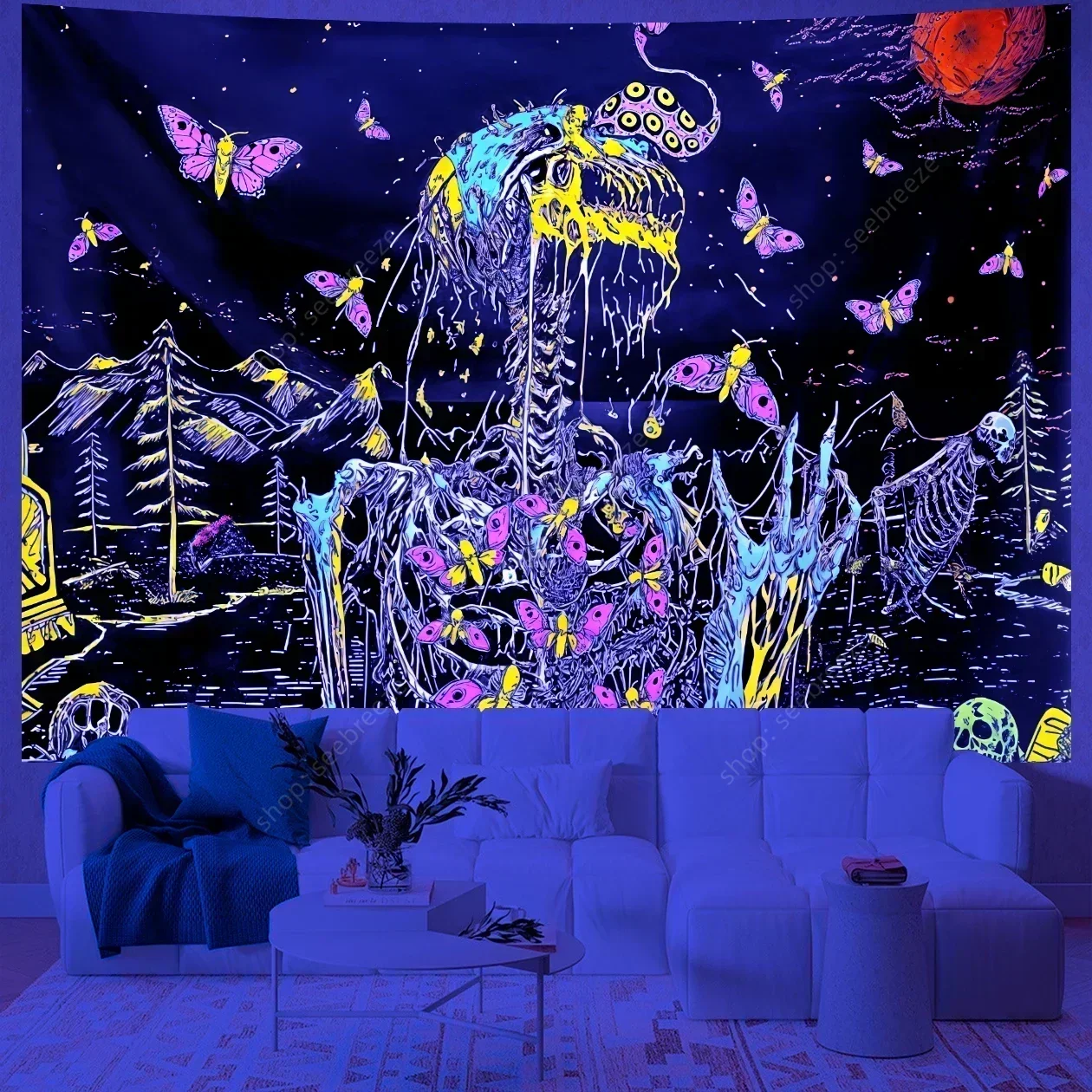 Psychedelic Skull UV Reactive Tapestry Hippie Skeleton Tapestry Wall Hanging Gothic Home Decor Room Decor Witchcraft Supplies - Image 13