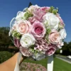 1PC Artificial Flower Cascading Bridal Bouquet for Wedding Ceremony Anniversary, Pearl Trimmed Bow Bouquet, Artificial Flowers - Image 9