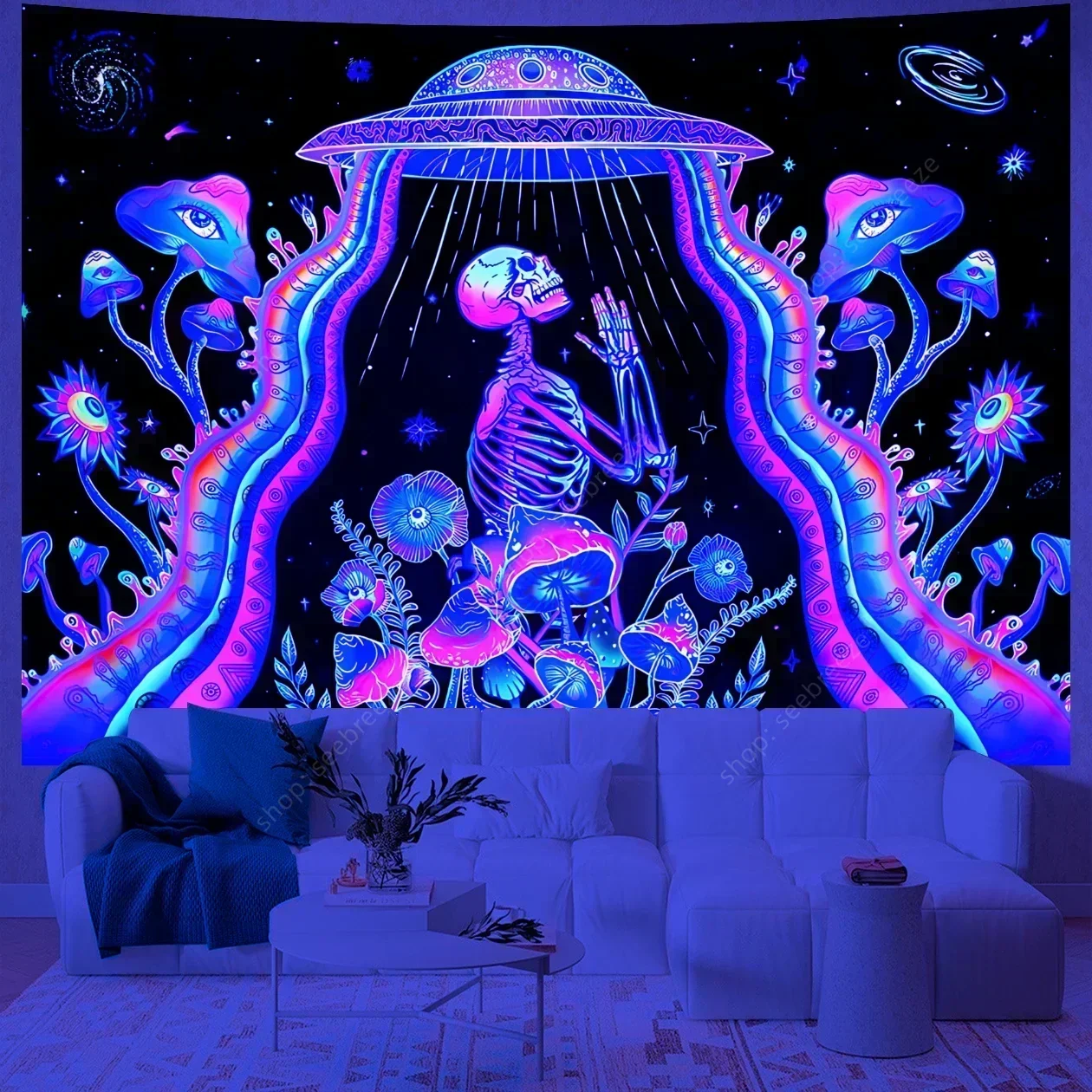 Psychedelic Skull UV Reactive Tapestry Hippie Skeleton Tapestry Wall Hanging Gothic Home Decor Room Decor Witchcraft Supplies - Image 14