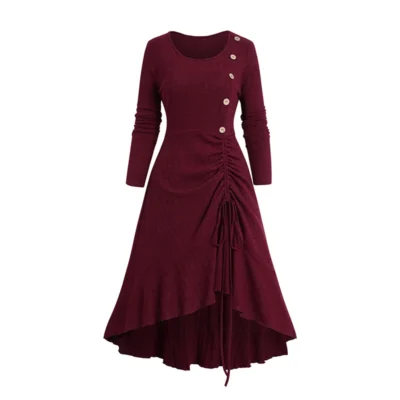 2024 Women Fall Winter Dresses Cinched Flounce High Low Knit Dress Mock Button Solid Color Long Sleeve Midi Knitted Dress