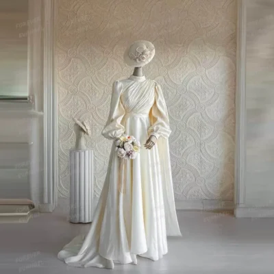 Formal A Line Wedding Dresses Woman's Sexy High Neck Long Sleeve Bride Gowns Muslim Pleat Satin Vestido De Novia Customized 2025