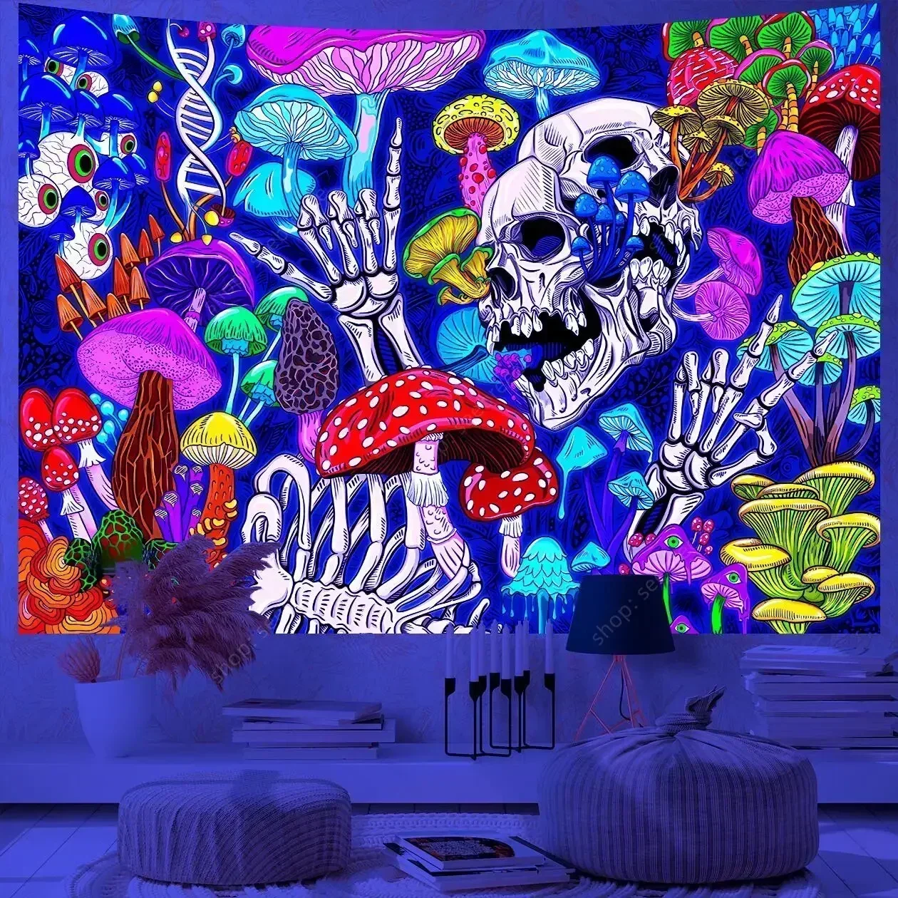 Psychedelic Skull UV Reactive Tapestry Hippie Skeleton Tapestry Wall Hanging Gothic Home Decor Room Decor Witchcraft Supplies - Image 28