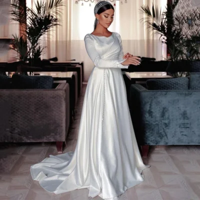 White A-Line Wedding Dresses Formal Long Sleeves Evening Dress Boho Beach Button Satin Wedding Prom Gowns Customized