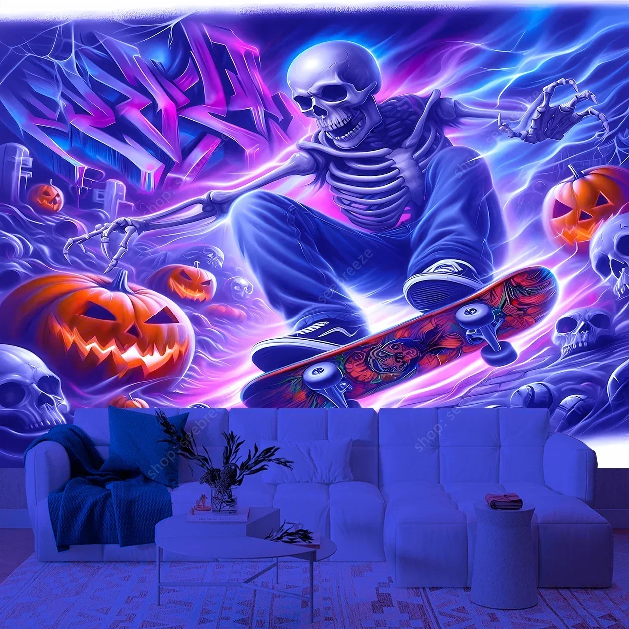 Psychedelic Skull UV Reactive Tapestry Hippie Skeleton Tapestry Wall Hanging Gothic Home Decor Room Decor Witchcraft Supplies - Image 21