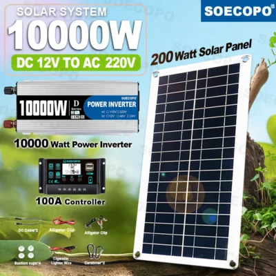 10000W Solar System Complete Kit 12V To 220V 100A Controller 200W Panel Off-Grid Inverter System for Home/Camping Backup Battery