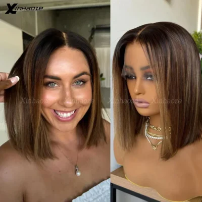 180 Density Blonde Highlight Short Bob Silk Top Human Hair Wig 13x4 Lace Frontal Wig Pixie Cut Bob Brazilian Remy Hair For Women