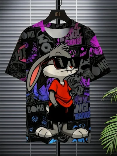 Men's 3D Rabbit Print T-Shirt | Soft Stretch Polyester Fabric | Casual Summer Knit Top with Bold