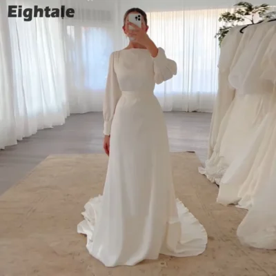 Eightale Arabic Wedding Dress Customized O-Neck A-Line White Ivory Simple  Long Sleeves Bridal Gown Vestido De Noiva