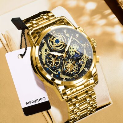 BINBOND Men'S Glossy Black Quartz Watch with Golden-Tone Case & Accents, Luminous Nightlight, Date Calendar, Stopwatch Function - Business Casual Style, Battery Operated (Button Cell), Business Casual Watch | Sophisticated Timepiece | Quartz Movement Watc