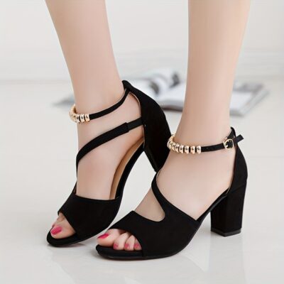Elegant Women'S Open-Toe High Heel Sandals with Beaded Ankle Strap - Fashionable Black Dress Shoes for Formal Occasions, Rubber Sole, PU Cover, Comfortable  Stylish