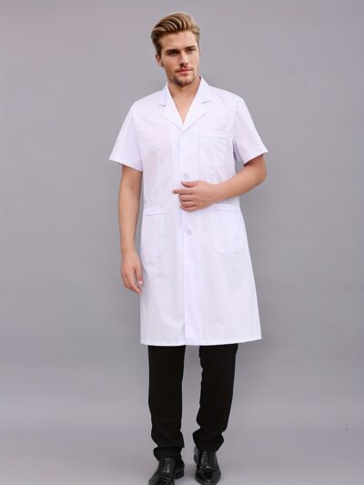 Unisex Solid White Knee Long Regular Fit Professional Lab Coat Shirt, With Short Sleeve, Button Down Placket And Dual Front Pockets, Suitable For Both Doctor And Nurse Work Wear