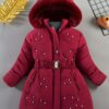 Winter Chic Plush Lined Parka Coat - Snow Suits for Girls with Elegant Beads Details, Padded, Warm, Casual, Hooded, and Soft Faux Fur Trim for Fall and Winter Seasons - Image 7