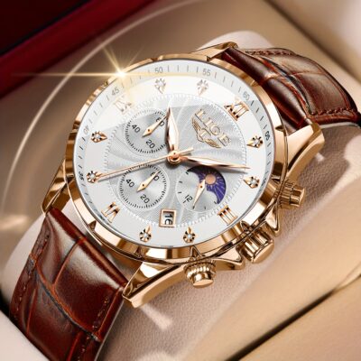 LIGE Elegant Moon Phase Calendar Quartz Watch for Teens & Adults - Rose Golden Zinc Alloy Case, Brown Faux Leather Strap, Luminous Dial, Business & Sports Style, Valentine'S Day Gift, Luxury Watch, Moon Phase Watch, Sophisticated Design, Highquality Craft