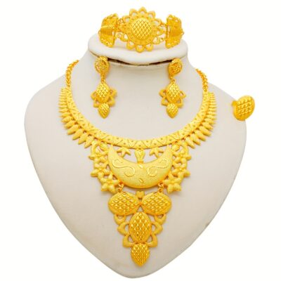 Luxury 24K Golden Plated Middle Eastern Jewelry Set for Women, Fashion Dubai African Style, Alloy Necklace, Earrings, and Bracelet, Daily and Party Wear, All Seasons Compatible
