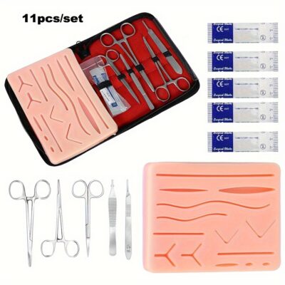 Complete Suture Practice Kit for Suture Training, Including Large Silicone Suture Pad with pre-Cut Wounds and Suture Tool kit (11pcs) Including Case