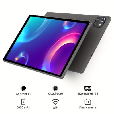 10.1-Inch Android 13 Tablet, 6GB (2GB+4GB Expansion) RAM, 64GB ROM, 6000Mah Battery, Equipped with Quad-Core Processor, 1280*800 HD IPS Screen, Dual Cameras, Wifi, Tablet, Pad