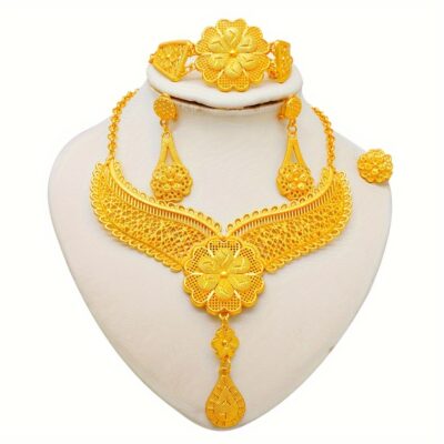 Golden Plated Luxury Long Jewelry Set African Women's Wedding Banquet Necklace Pendant Set Bracelet Earrings Necklace