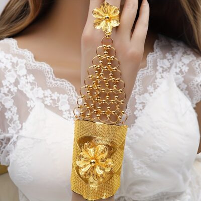1 Set Vintage Style Middle Eastern-Inspired Women'S Fashion Bracelet and Ring Combo, Copper Floral Exaggerated Design, Suitable for Daily Wear and Gifting