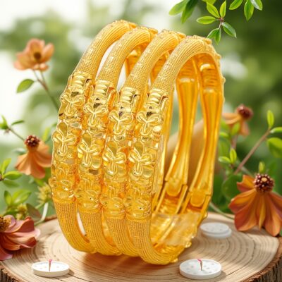 4pcs Elegant Golden Bangle Bracelets with Intricate Floral Design - Luxurious Copper Handcrafted for Women, Ideal for Daily Wear & Gift, Festive Accessory|Intricate Craftsmanship|Durable Craftsmanship
