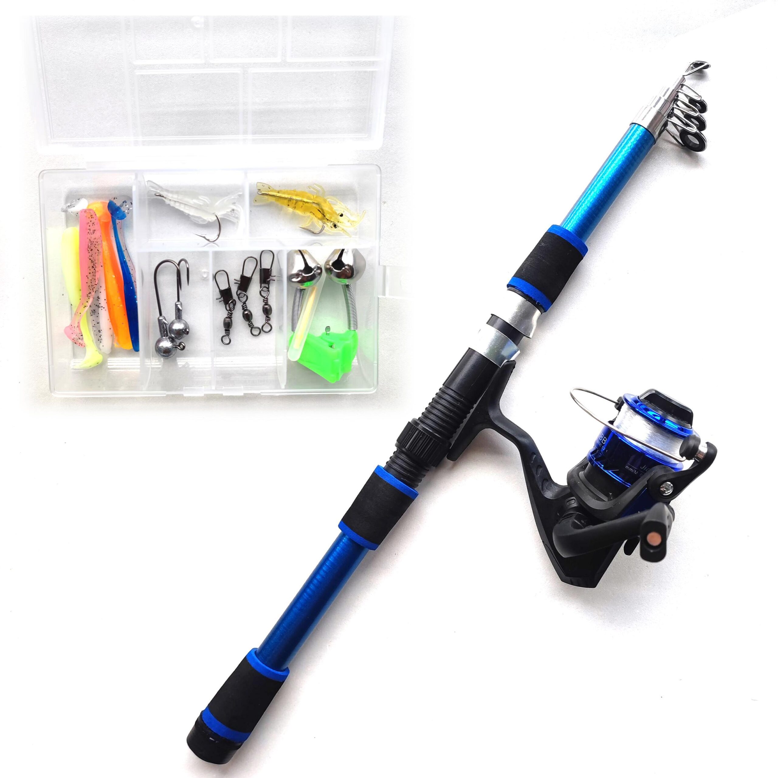 Telescopic Spincasting Fishing Rod Combo, 182.88cm Fiberglass Right-Handed, Fast Action, Light Power, 5.2:1 Spinning Reel with Lure Set, Blue - Image 6