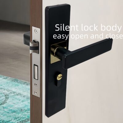 1pc Sleek Black Indoor Door Lock - Silent Aluminum Alloy Handle for Solid Wood Doors, Modern Design with Golden Accents, Fit for Bedroom & Bathroom, No Battery Required, Bathroom Lock for Door, Home Privacy Security, Durable Metal Construction