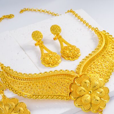Desert Rose 5pcs 24K Golden Plated Arabian Pattern Carved Necklace and Earring Set | Palm Tears Shining | Wedding Jewelry Gift Choice Daily Trendy Accessory