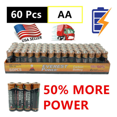 60 AA Batteries 1.5v. Double A Battery Wholesale Lot, New, Fresh, for Home, Various Household devices, clocks, lamps, remotes, toys