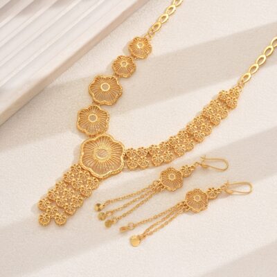3pcs Vintage Luxury 18K Golden Plated Bridal Jewelry Set, Exaggerated Floral Hollow-Out & Teardrop Design, Alloy Wedding Banquet Accessories for Ramadan Celebration