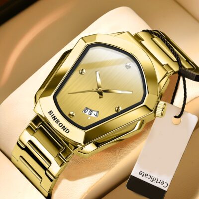 BINBOND Men's Golden-Tone Luxury Watch - Waterproof up to 30m, Built-in Calendar, Quartz Movement with Date Display - Dress Watch for Business, Formal & Everyday - Compatible with Standard Watch Bands, Business Wristwatch, Versatile Timepiece, Sophisticat