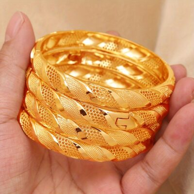 4pcs Luxurious Golden-Tone Bangle Set - Elegant Open Cuff Design for Women, Perfect for Weddings & Casual Attire