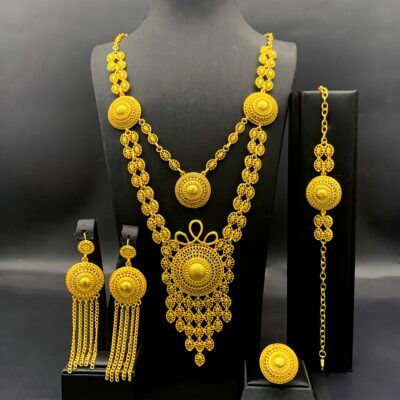 1 necklace + 1 bracelet + 1 pair of earrings + 1 ring Arabic-style long bridal jewelry set with multi-layer tassel design, perfect for daily wear or party accessories, ideal as a gift for engagement/wedding jewelry